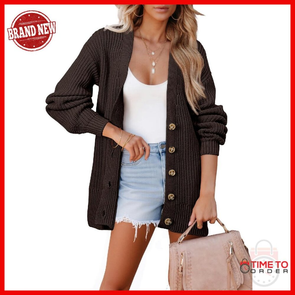 Oversized Cardigan With Lantern Sleeves, Button Front, Chunky Knit